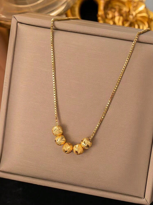 18K Gold-Plated Stainless Steel Necklace with 5 Beads – Elegant Women's Jewelry for Daily Wear or Gift Giving