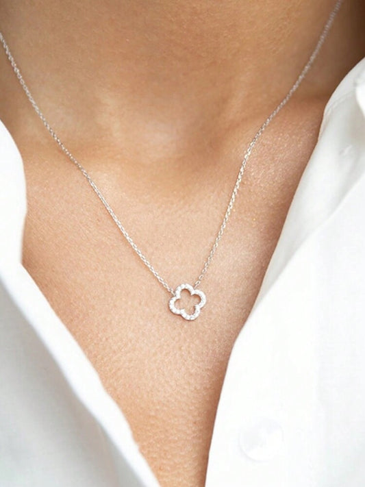 1pc S925 Sterling Silver Hollow Clover & Flower Pendant Necklace, Fashionable Necklace, Perfect Gift For Birthday, Valentine's Day, Anniversary Celebration