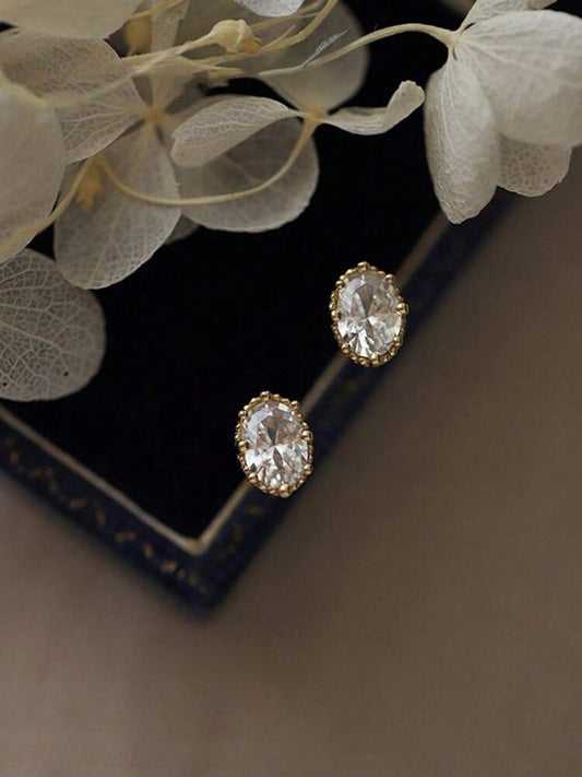 1 Pair Vintage S925 Sterling Silver Oval Single Cubic Zirconia Stud Earrings, Versatile Jewelry Gift For Women, Friends Or Couples Birthday
