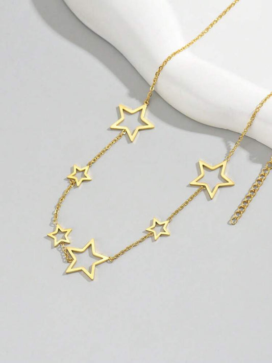 18K Gold-Plated Hollow Star Pendant Necklace – Stainless Steel Women's Jewelry for Daily Wear and Gift Giving